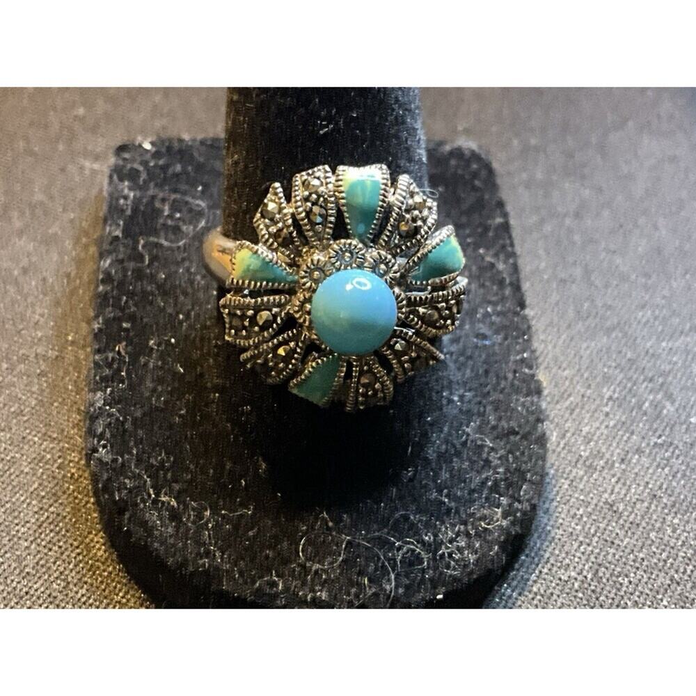 925 Sterling Silver Turquoise and Marcasite Flower Ring Size 8.75